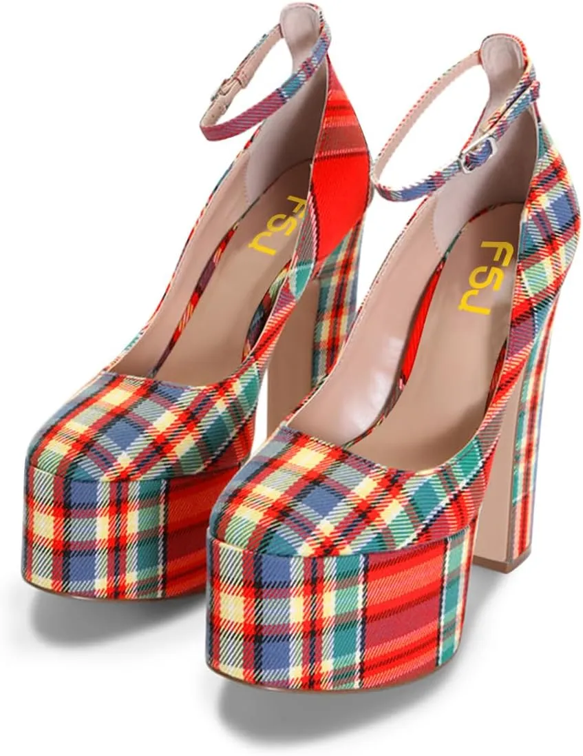 FSJ Women Classy Ankle Strap Closed Toe Platform Chunky High Heel Pumps Plaid Comfy Party Club Night Shoes Size 4-15 US