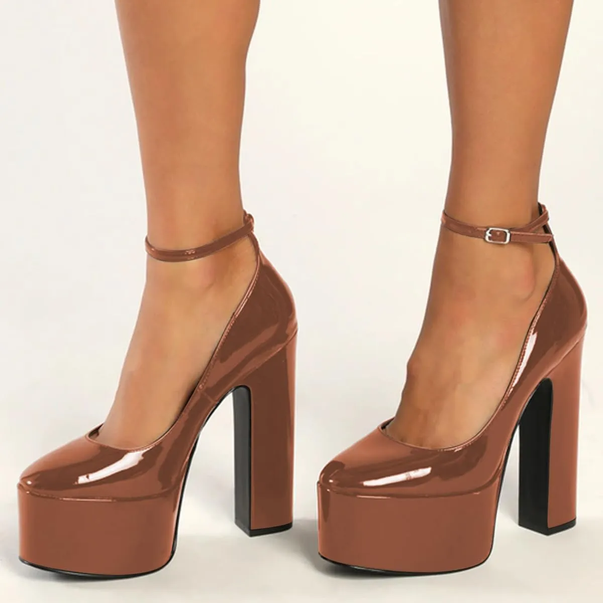 FSJ Women Classy Ankle Strap Closed Toe Platform Chunky High Heel Pumps Plaid Comfy Party Club Night Shoes Size 4-15 US