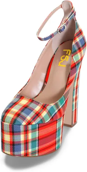 FSJ Women Classy Ankle Strap Closed Toe Platform Chunky High Heel Pumps Plaid Comfy Party Club Night Shoes Size 4-15 US