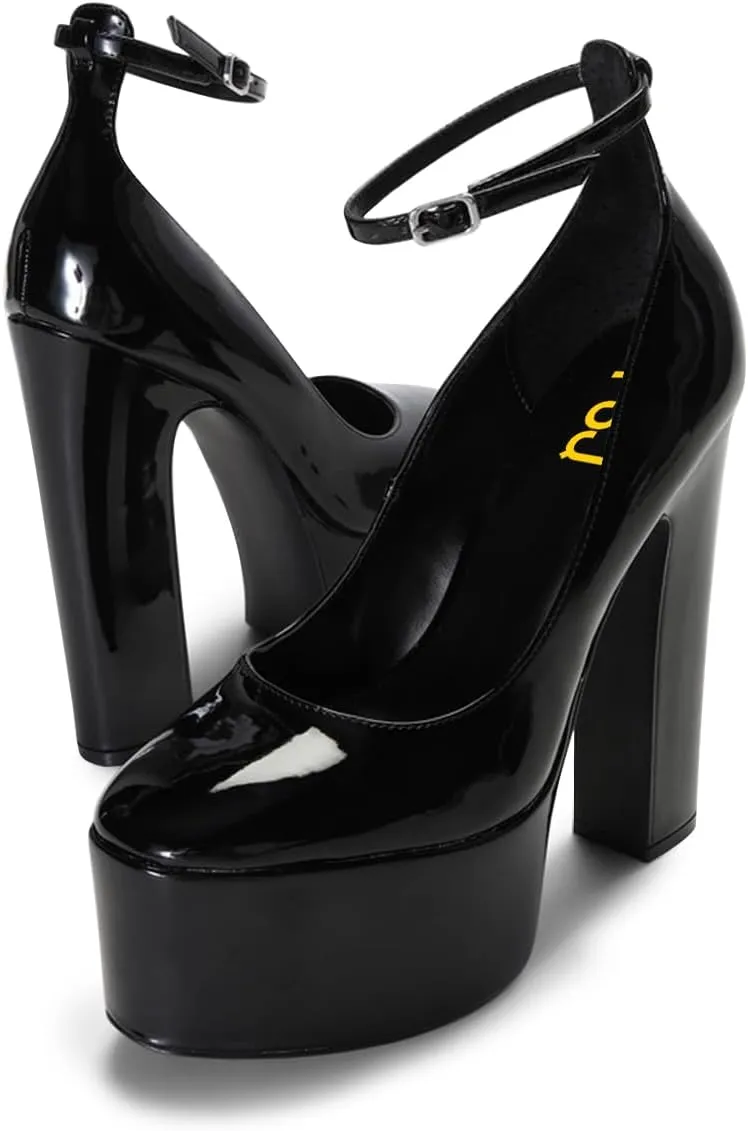 FSJ Women Classy Ankle Strap Closed Toe Platform Chunky High Heel Pumps Plaid Comfy Party Club Night Shoes Size 4-15 US