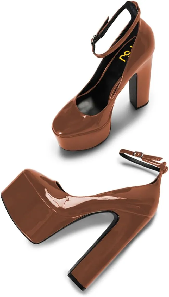 FSJ Women Classy Ankle Strap Closed Toe Platform Chunky High Heel Pumps Plaid Comfy Party Club Night Shoes Size 4-15 US