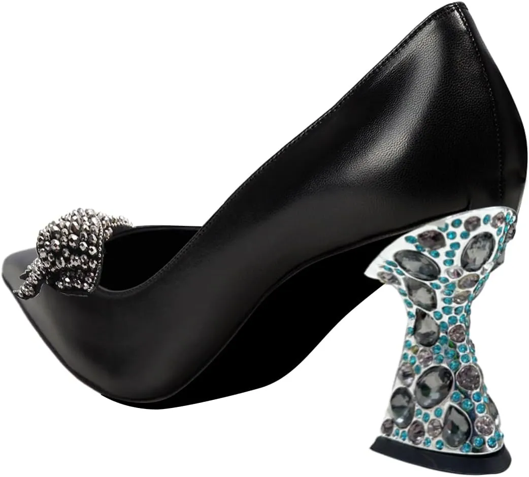 FSJ Women Gorgeous Crystal Gemstone Heel Pumps Pointed Toe Slip On Chunky Block Heels with Rhinestones for Bridal Party Wedding Dress Shoes Size 4-16 US