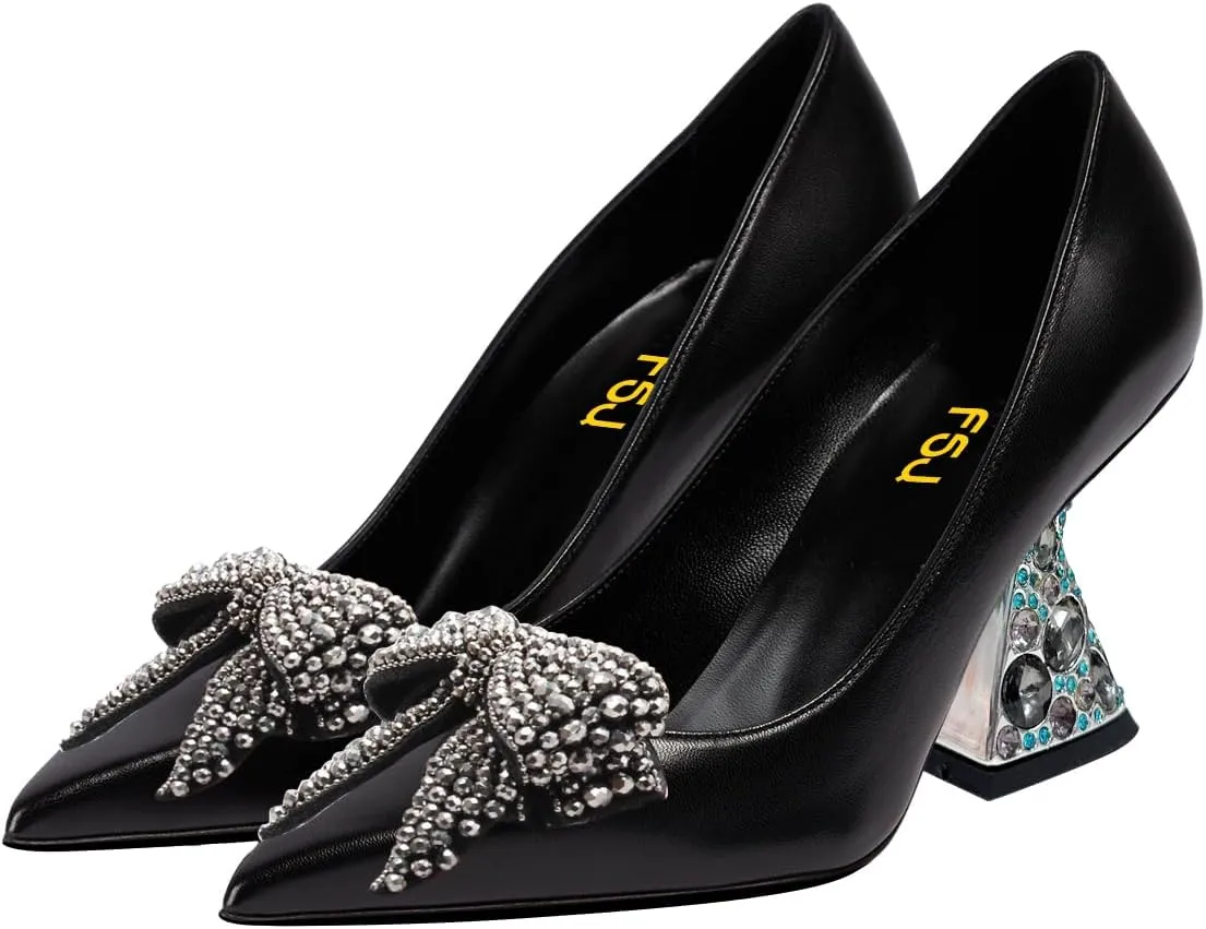 FSJ Women Gorgeous Crystal Gemstone Heel Pumps Pointed Toe Slip On Chunky Block Heels with Rhinestones for Bridal Party Wedding Dress Shoes Size 4-16 US