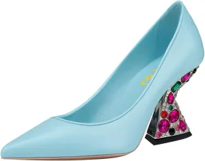 FSJ Women Gorgeous Crystal Gemstone Heel Pumps Pointed Toe Slip On Chunky Block Heels with Rhinestones for Bridal Party Wedding Dress Shoes Size 4-16 US