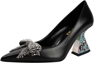 FSJ Women Gorgeous Crystal Gemstone Heel Pumps Pointed Toe Slip On Chunky Block Heels with Rhinestones for Bridal Party Wedding Dress Shoes Size 4-16 US
