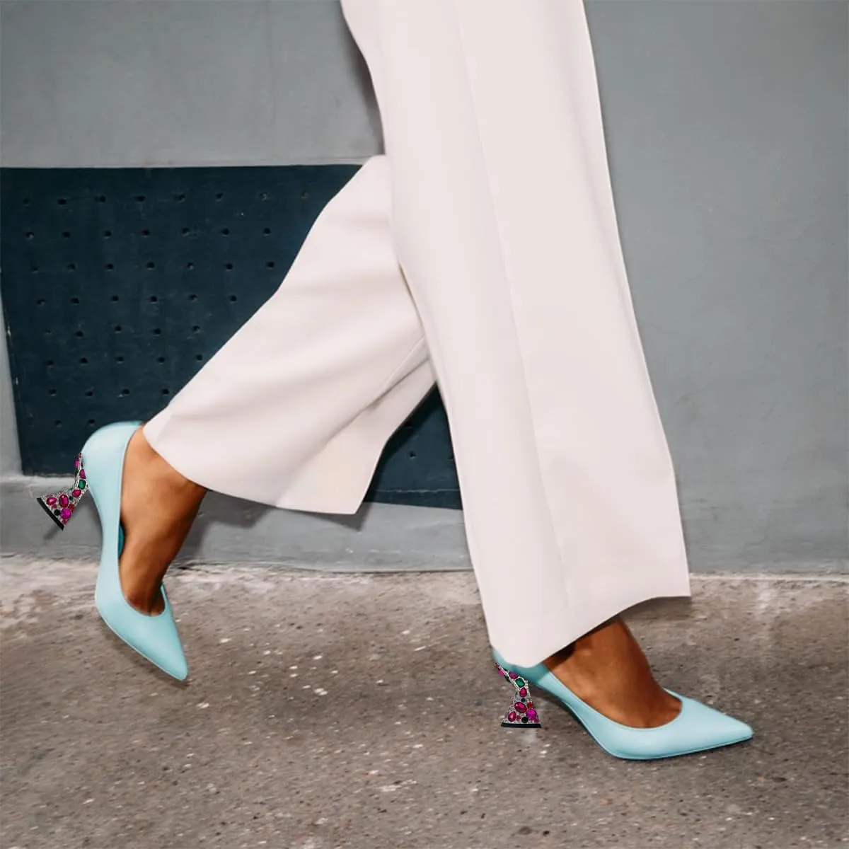 FSJ Women Gorgeous Crystal Gemstone Heel Pumps Pointed Toe Slip On Chunky Block Heels with Rhinestones for Bridal Party Wedding Dress Shoes Size 4-16 US
