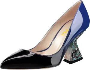 FSJ Women Gorgeous Crystal Gemstone Heel Pumps Pointed Toe Slip On Chunky Block Heels with Rhinestones for Bridal Party Wedding Dress Shoes Size 4-16 US