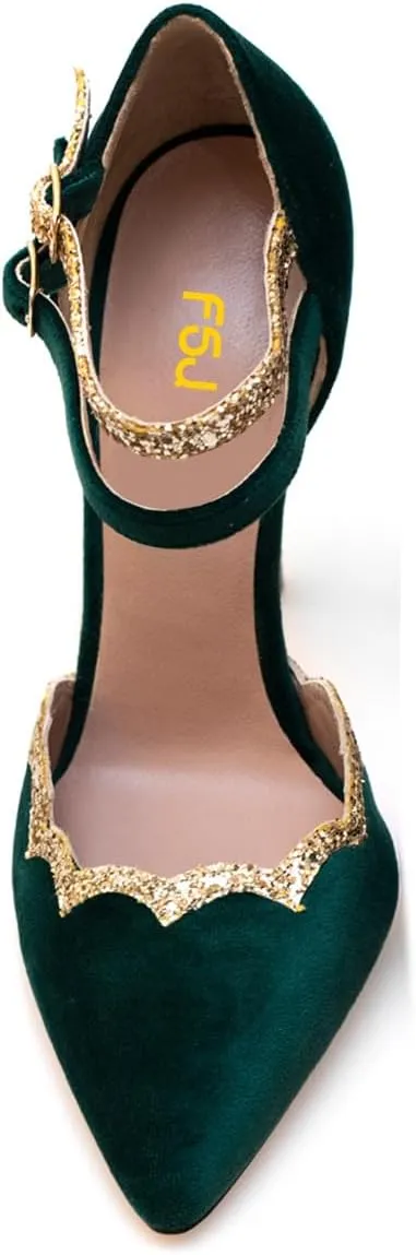 FSJ Women High Crystal Block Heels Pumps Pointed Closed Toe Ankle Strap Double Buckle Strap D'Orsay Sandals Church Evening Wedding Shoes Size 4-16 US