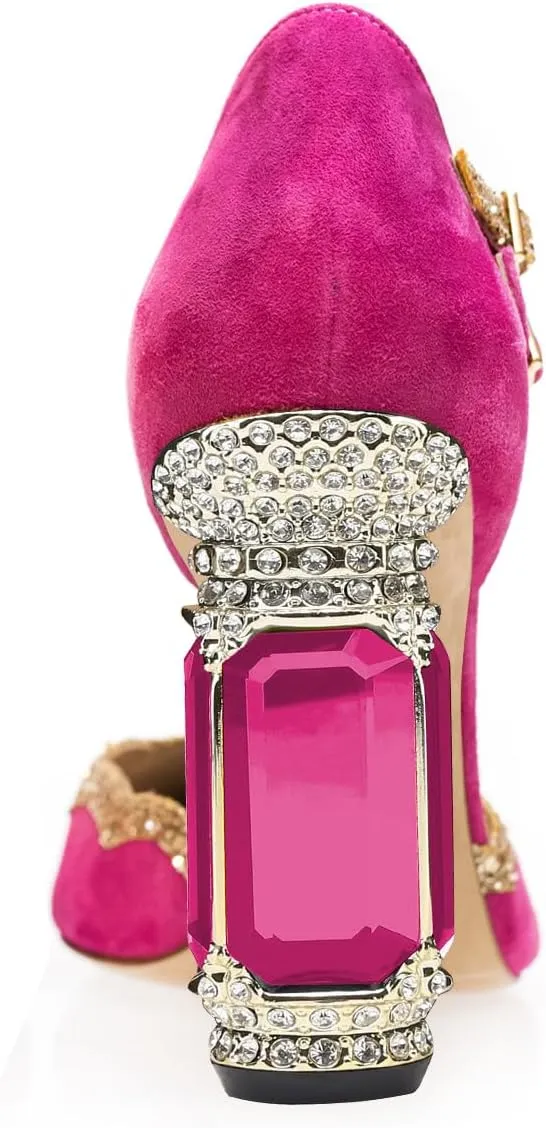 FSJ Women High Crystal Block Heels Pumps Pointed Closed Toe Ankle Strap Double Buckle Strap D'Orsay Sandals Church Evening Wedding Shoes Size 4-16 US