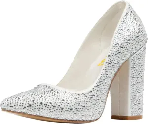 FSJ Women Luxury Pearl Studded Pointed Toe Pumps Chunky Block High Heel Sparkly Rhinestone Embellished Slip On Wedding Party Formal Event Shoes Size 4-16 US
