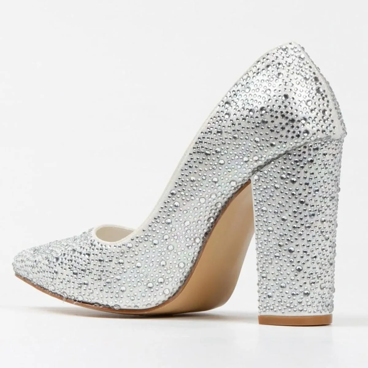 FSJ Women Luxury Pearl Studded Pointed Toe Pumps Chunky Block High Heel Sparkly Rhinestone Embellished Slip On Wedding Party Formal Event Shoes Size 4-16 US