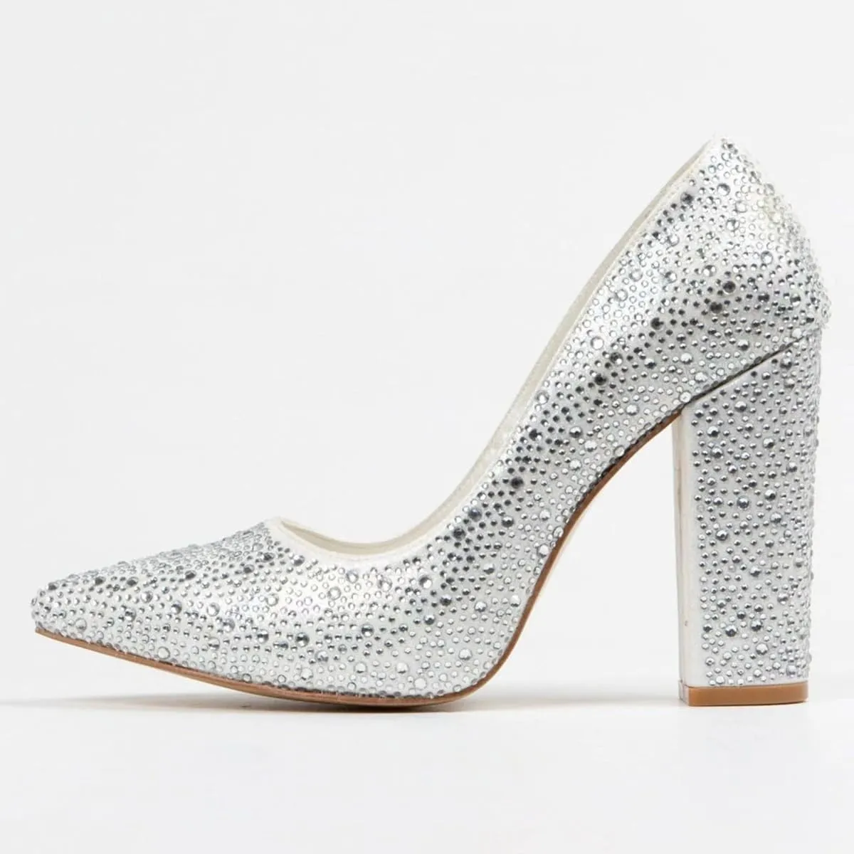 FSJ Women Luxury Pearl Studded Pointed Toe Pumps Chunky Block High Heel Sparkly Rhinestone Embellished Slip On Wedding Party Formal Event Shoes Size 4-16 US
