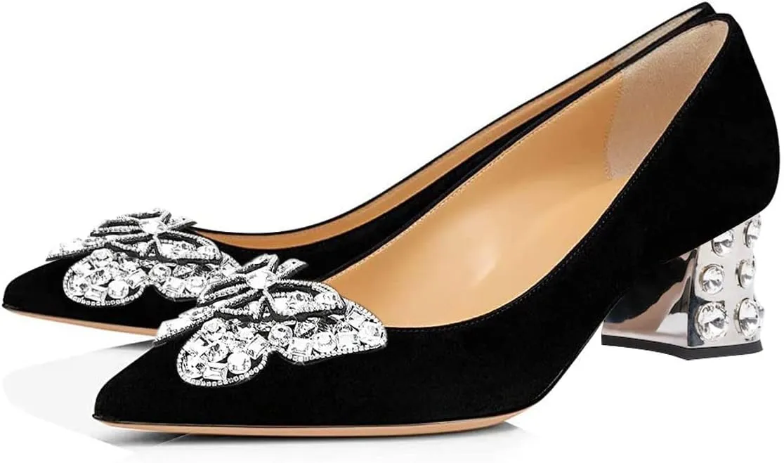 FSJ Women Pointed Toe Block Low Heel Pumps Butterfly Crystal Heel Slip On with Rhinestone Dressy Wedding Shoes Size 4-16 US