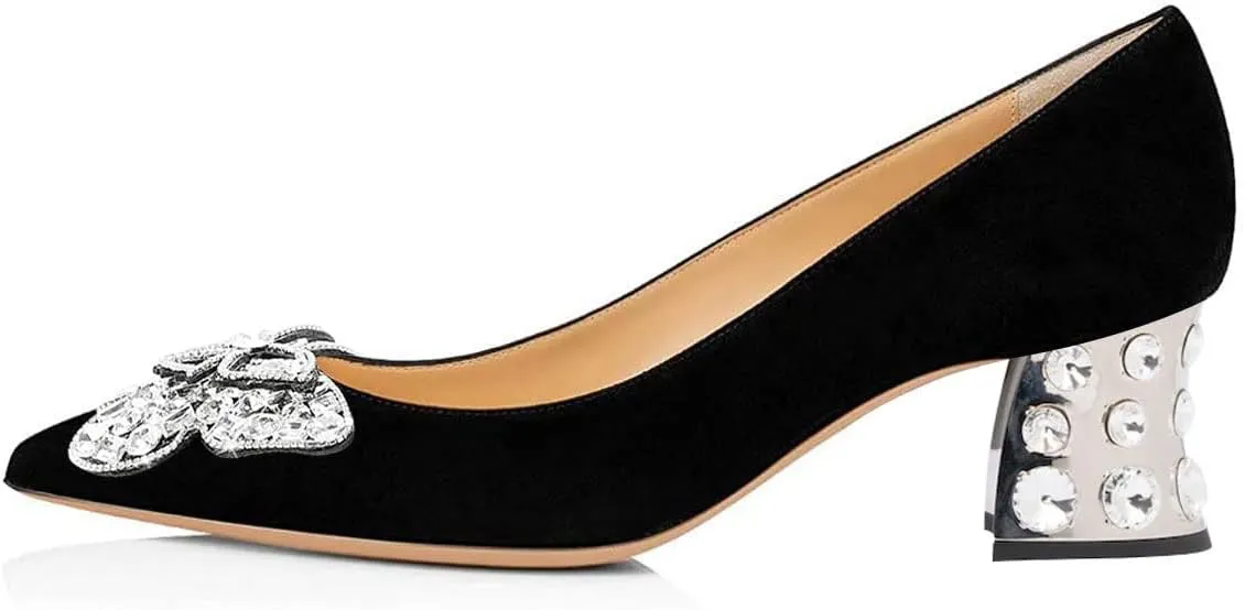 FSJ Women Pointed Toe Block Low Heel Pumps Butterfly Crystal Heel Slip On with Rhinestone Dressy Wedding Shoes Size 4-16 US