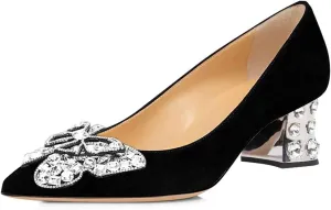 FSJ Women Pointed Toe Block Low Heel Pumps Butterfly Crystal Heel Slip On with Rhinestone Dressy Wedding Shoes Size 4-16 US