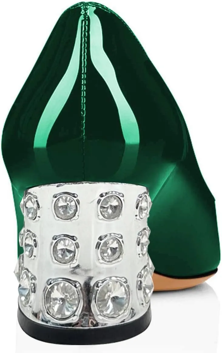 FSJ Women Pointed Toe Block Low Heel Pumps Butterfly Crystal Heel Slip On with Rhinestone Dressy Wedding Shoes Size 4-16 US