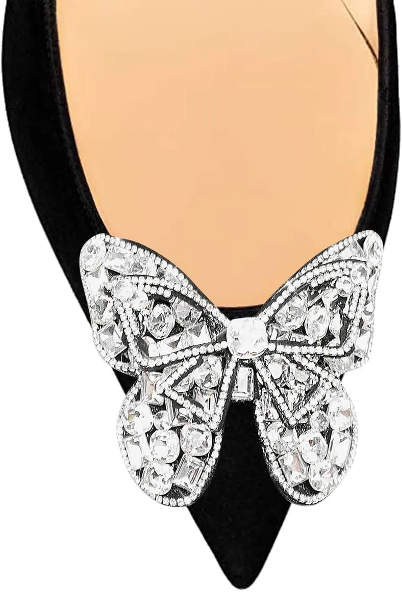 FSJ Women Pointed Toe Block Low Heel Pumps Butterfly Crystal Heel Slip On with Rhinestone Dressy Wedding Shoes Size 4-16 US