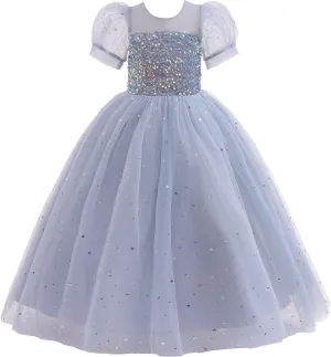 Glamulice Flower Girls Sparkle Tulle Puff Sleeves Vintage Dress Princess Wedding Bridesmaid Party Holiday Dresses