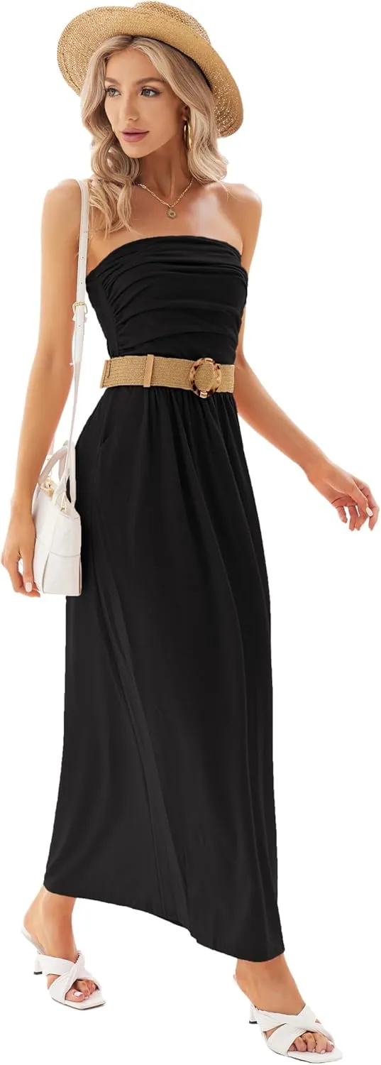 GRACE KARIN Women Strapless Casual Loose Ruched Long Maxi Dress with Pockets