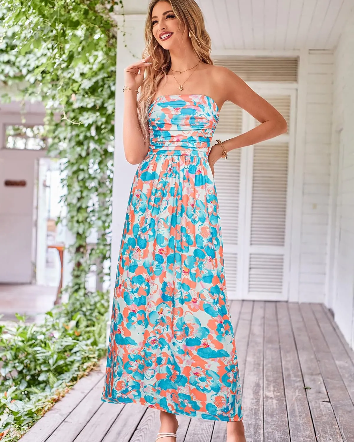 GRACE KARIN Women Strapless Casual Loose Ruched Long Maxi Dress with Pockets