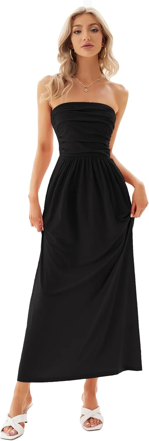 GRACE KARIN Women Strapless Casual Loose Ruched Long Maxi Dress with Pockets