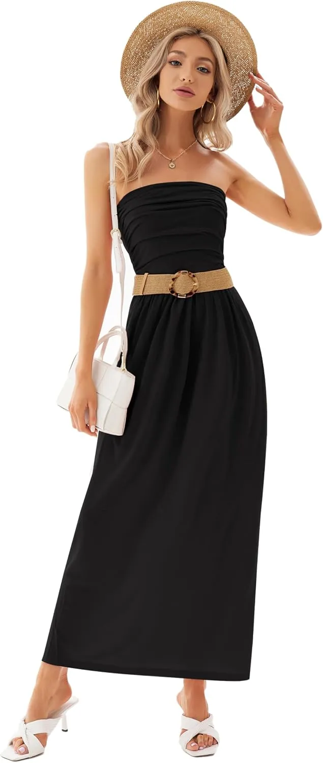 GRACE KARIN Women Strapless Casual Loose Ruched Long Maxi Dress with Pockets