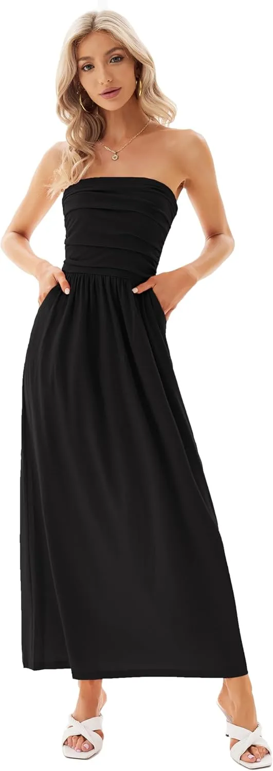 GRACE KARIN Women Strapless Casual Loose Ruched Long Maxi Dress with Pockets