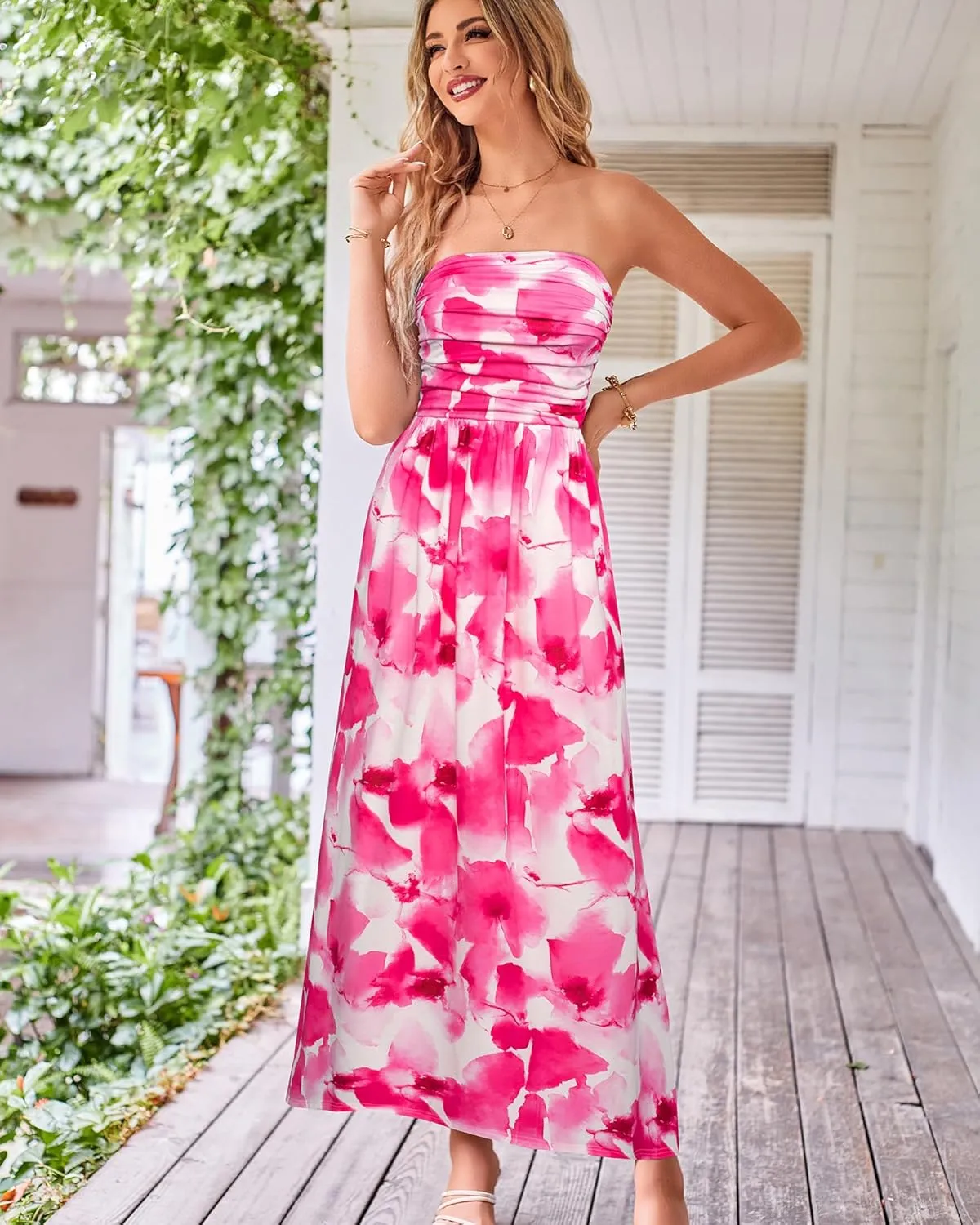 GRACE KARIN Women Strapless Casual Loose Ruched Long Maxi Dress with Pockets