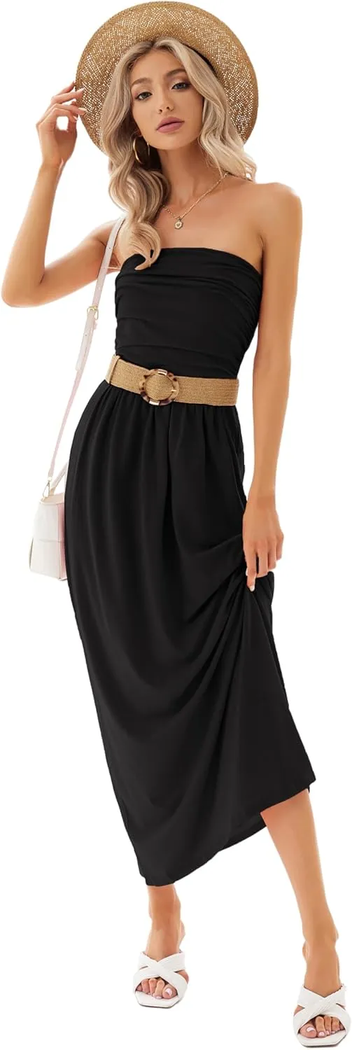 GRACE KARIN Women Strapless Casual Loose Ruched Long Maxi Dress with Pockets