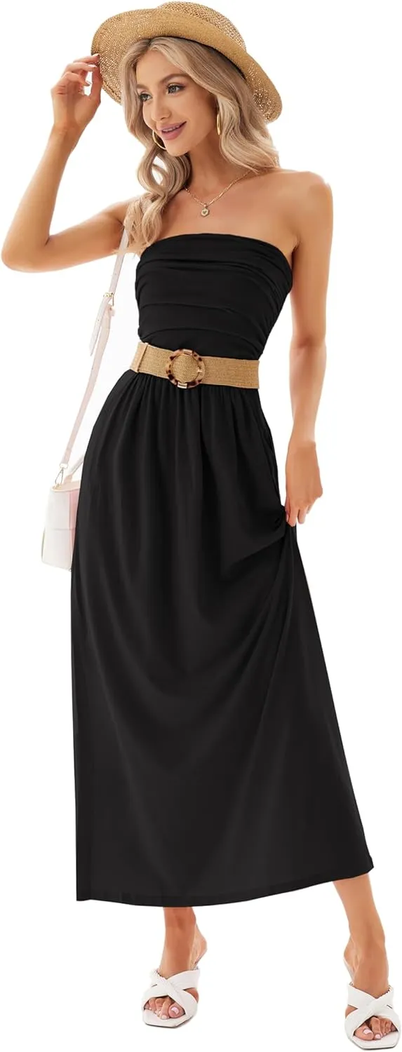 GRACE KARIN Women Strapless Casual Loose Ruched Long Maxi Dress with Pockets