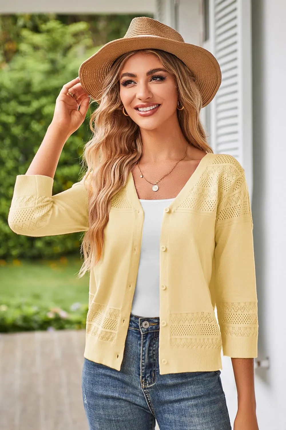 GRACE KARIN Women's 2025 Cropped Cardigan 3/4 Sleeve Lightweight Crochet Shrug Hollowed-Out Knit Sweater Tops