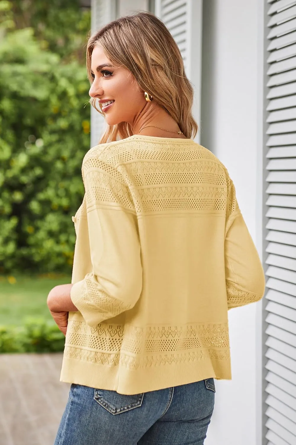 GRACE KARIN Women's 2025 Cropped Cardigan 3/4 Sleeve Lightweight Crochet Shrug Hollowed-Out Knit Sweater Tops
