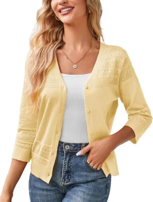 GRACE KARIN Women's 2025 Cropped Cardigan 3/4 Sleeve Lightweight Crochet Shrug Hollowed-Out Knit Sweater Tops