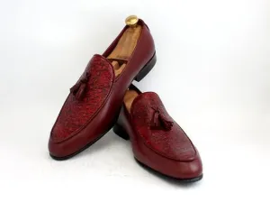Handmade Mens Fashion Burgundy Tassels Shoes Loafer, Mens Leather Moccasins