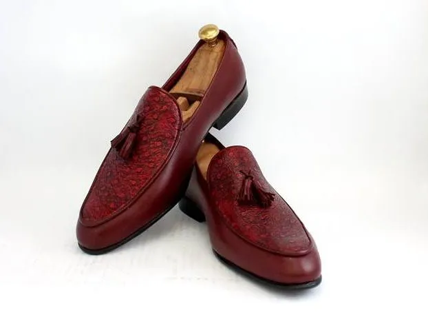Handmade Mens Fashion Burgundy Tassels Shoes Loafer, Mens Leather Moccasins