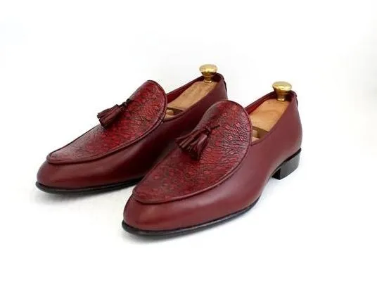 Handmade Mens Fashion Burgundy Tassels Shoes Loafer, Mens Leather Moccasins