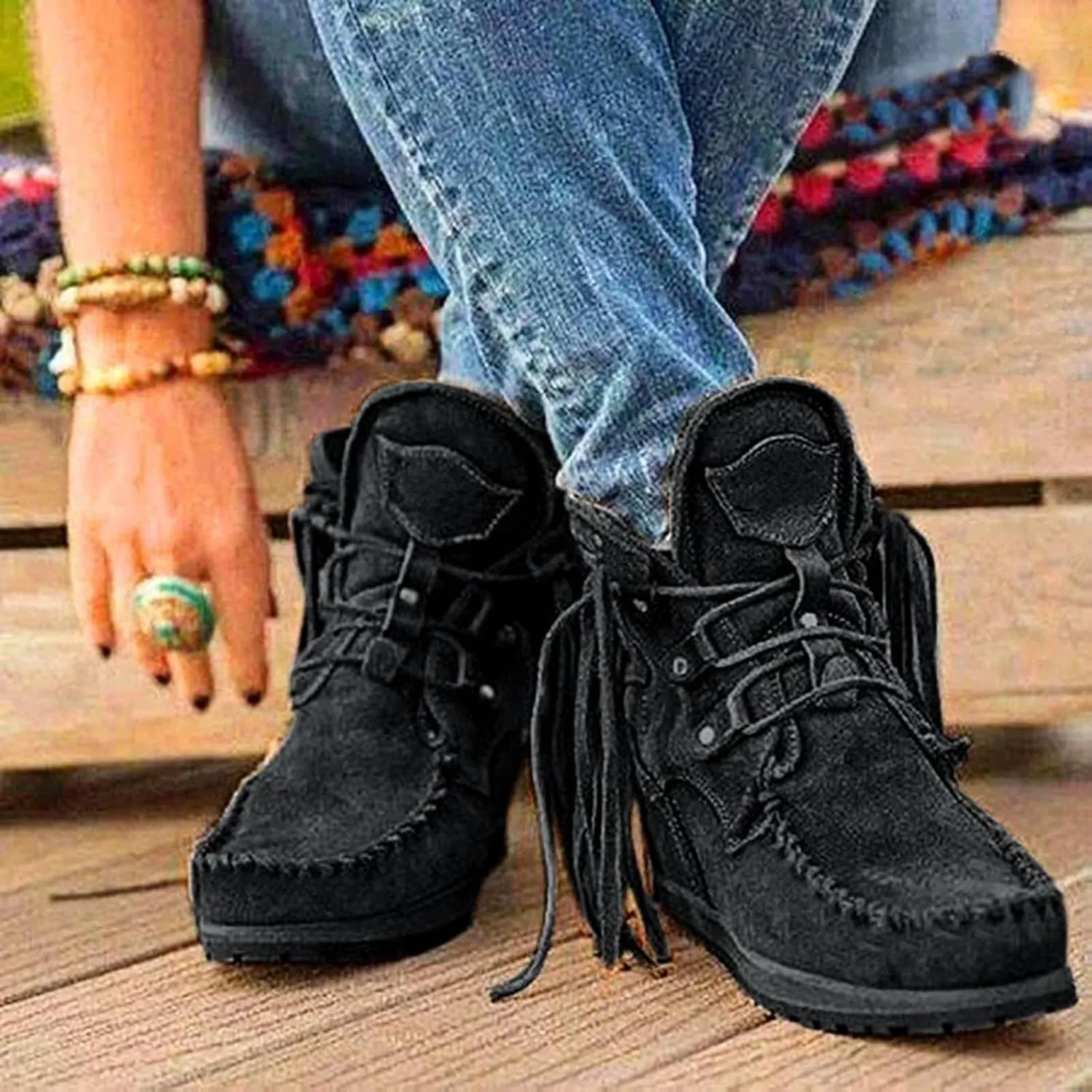 Hbeylia Boho Ankle Booties For Women Ladies With Fringes Ethnic Bohemian Vintage Suede Tassel Lace Up Wide Round Toe Chunky Bottom Heels Low Top Short Boots Retro Beach Slip On Dress Walking Shoes
