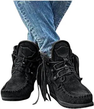 Hbeylia Boho Ankle Booties For Women Ladies With Fringes Ethnic Bohemian Vintage Suede Tassel Lace Up Wide Round Toe Chunky Bottom Heels Low Top Short Boots Retro Beach Slip On Dress Walking Shoes