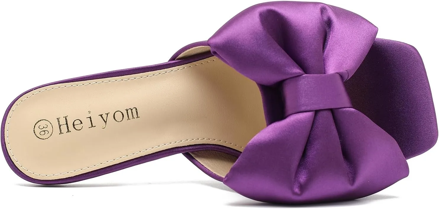Heiyom Women's Bow Clear Heels Slippers Dress Sandals Square Toe Stiletto Mules Slip on Wedding Prom Shoes