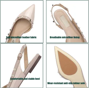 Helenbra Women's Rivet Pointed Toe Closed Toe Flats Sandals,Sexy Studded Adjustable Buckle Slingback Shoes Comfort Slip On Walking Travel Office Ballet Flat Shoes