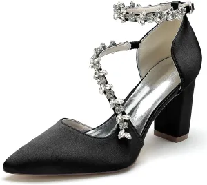 High Heels Closed Pointed Toe Block Heel Heeled Pumps Heels with Ankle Strap Rhinestone Chunky for Wedding Bride Dress Shoes Bridesmaids