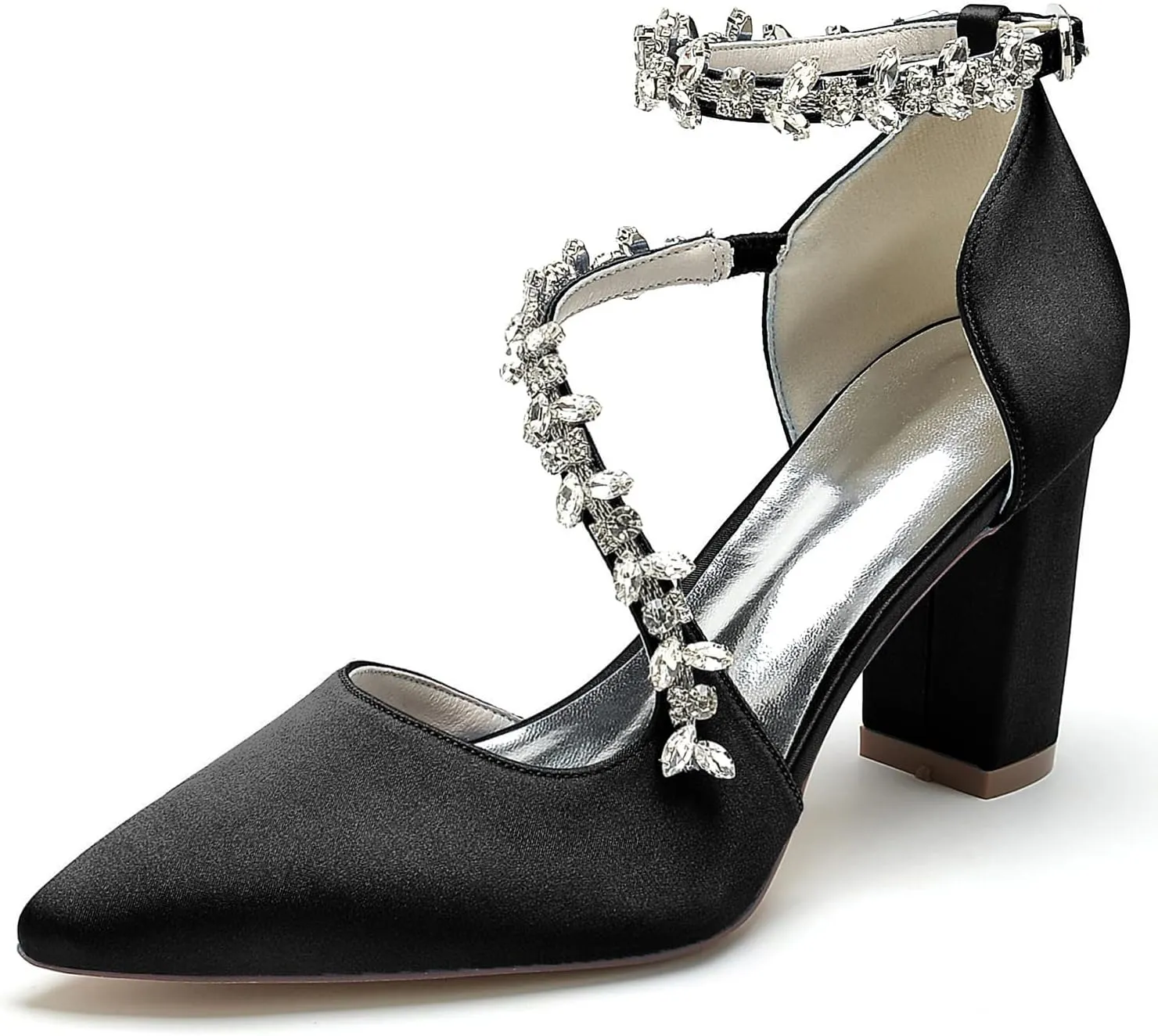 High Heels Closed Pointed Toe Block Heel Heeled Pumps Heels with Ankle Strap Rhinestone Chunky for Wedding Bride Dress Shoes Bridesmaids