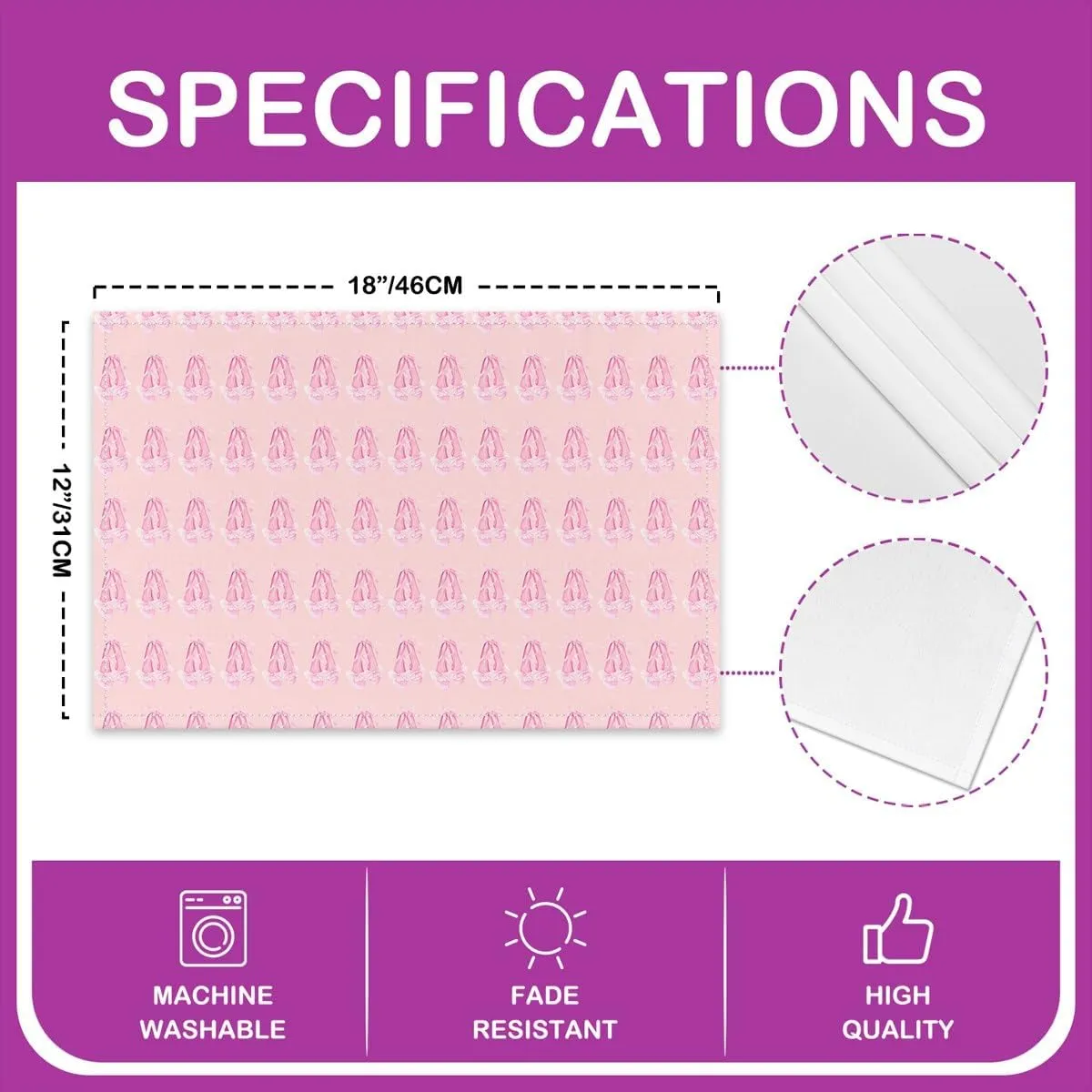 jejeloiu Pink Ballet Placemats Set of 4 18"x12" Girls Ballerina Table Place Mats for Kids Boys Teens Dance Shoes Placemat for Kitchen Dining Table Party Decor Indoor Outdoor Princess Decor