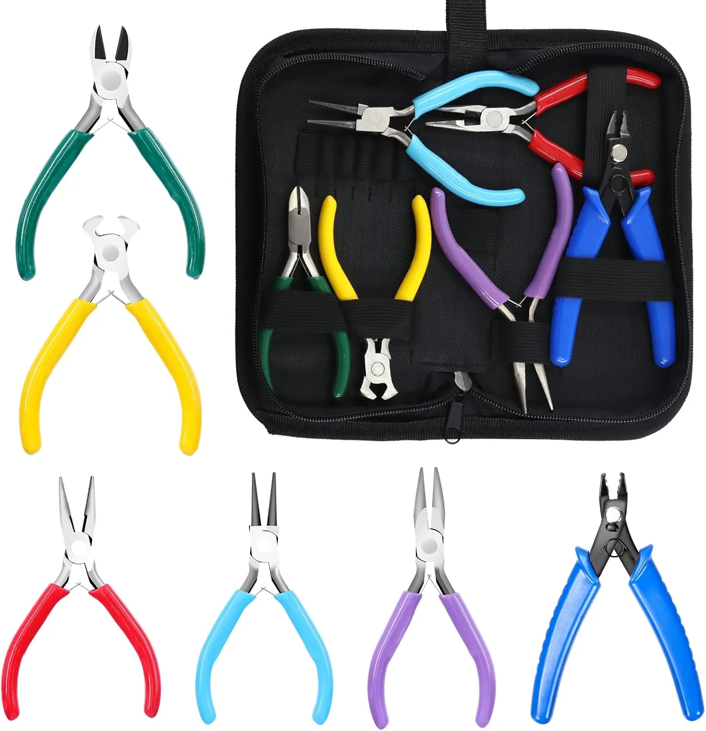 Jewelry Pliers Set - 7 Pcs Includes Long Nose, Round Nose, Diagonal Wire Cutter, End Cutting, Bead Crimping Pliers With Storage Bag