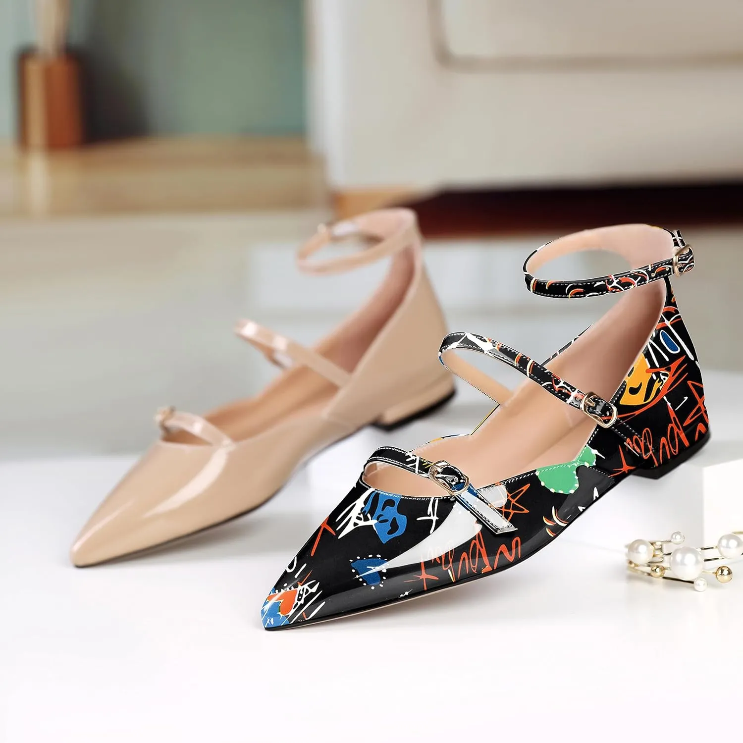 Joseywade Women's Ballet Flat Shoes Ankle Strap Mary Jane Flats Pointed Toe Ballerina Walking Flats Cute Casual Low Comfort Soft Dress Shoes