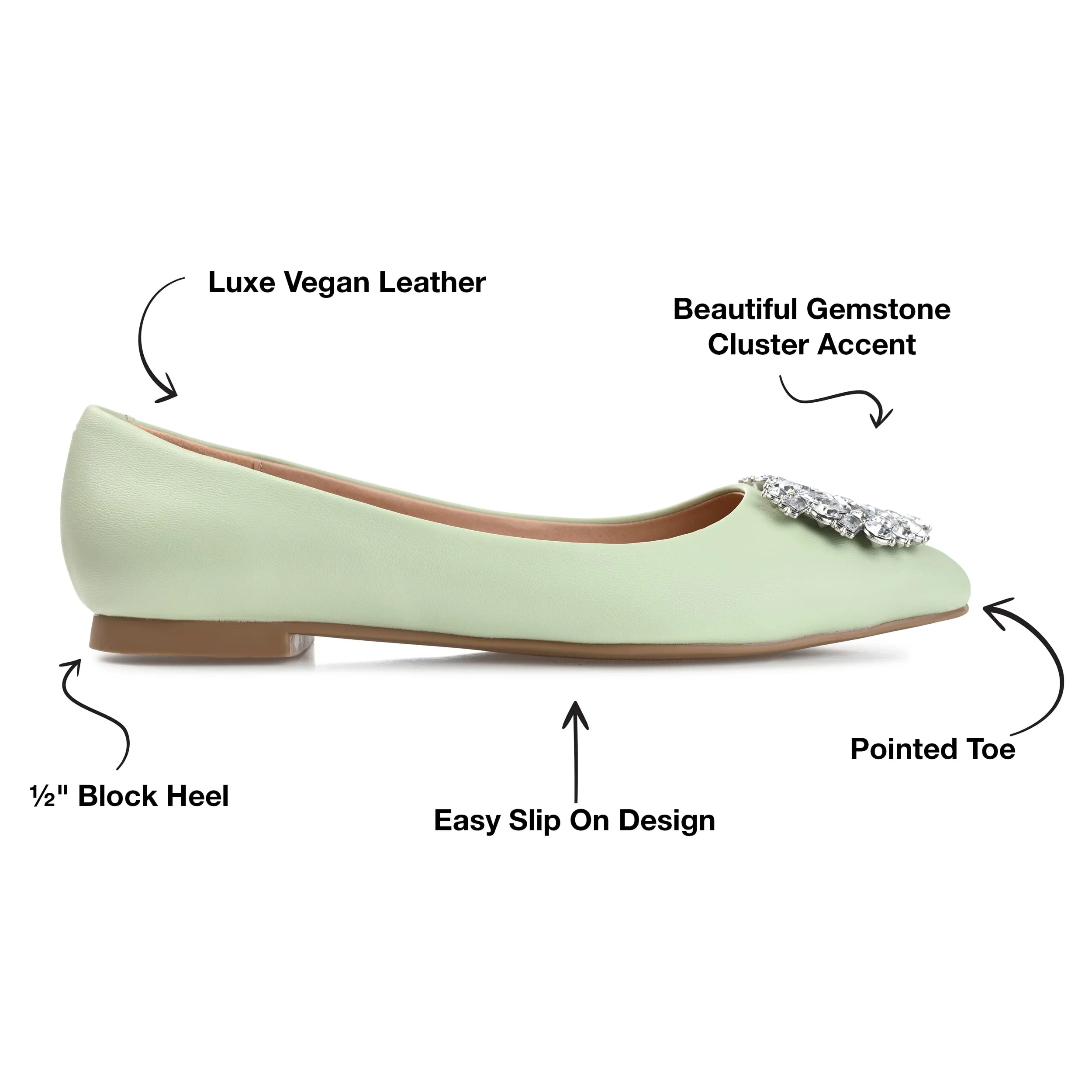Journee Collection Womens Renzo Ballet Flat with Jewel Cluster Accent and Pointed Toe, Green, 7