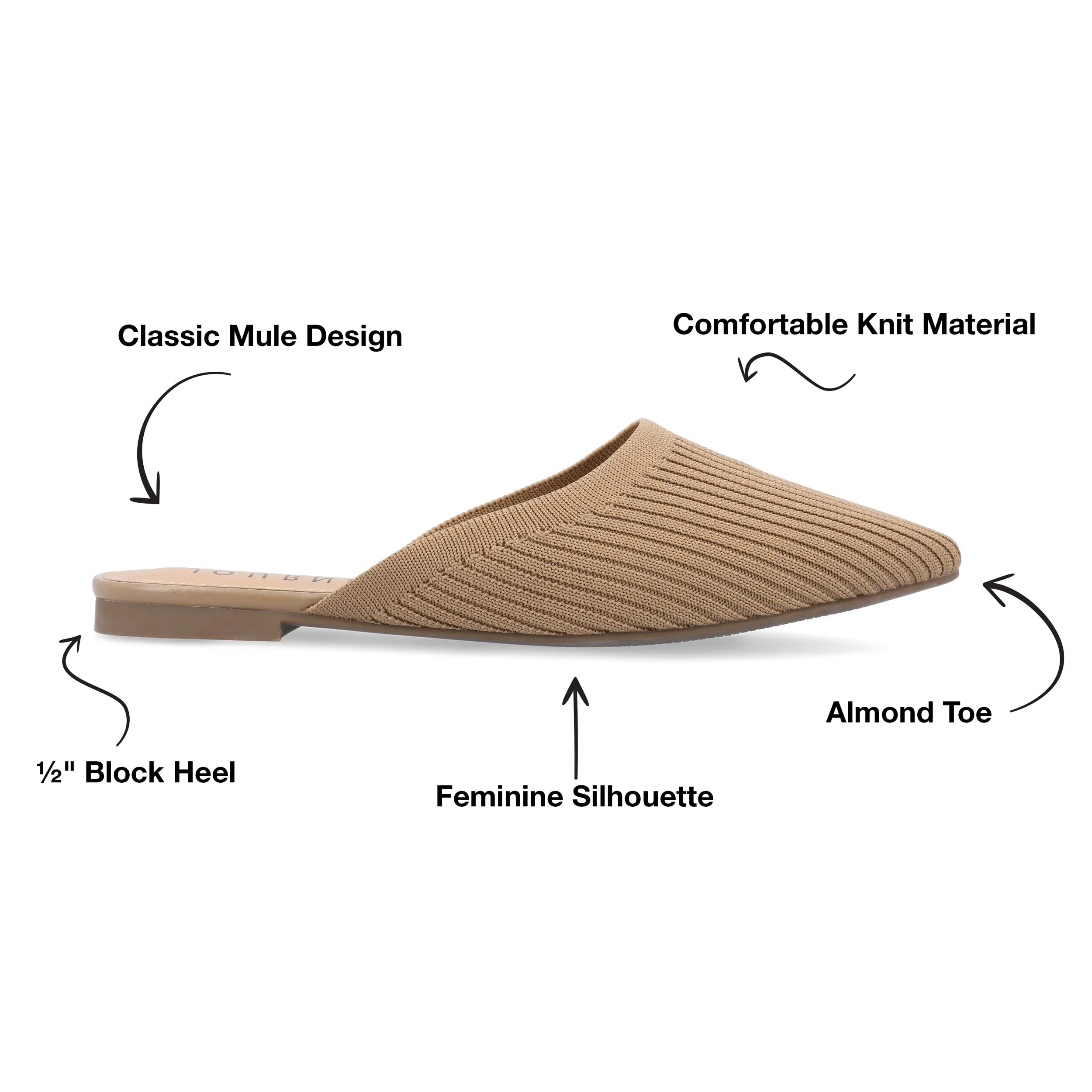 Journee Flat Knit Mules for Women - Closed Pointed Toe Slip-On Shoe - Comfortable Aniee Slide Tan 5.5 Medium Womens US