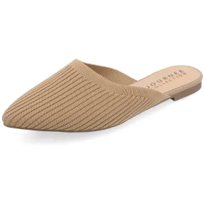 Journee Flat Knit Mules for Women - Closed Pointed Toe Slip-On Shoe - Comfortable Aniee Slide Tan 5.5 Medium Womens US