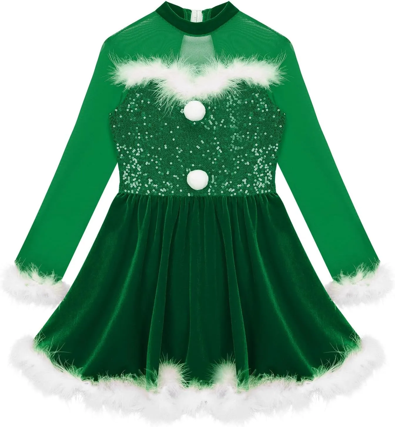 Kids Girls Christmas Dance Dress Mrs Santa Claus Costume Xmas Long Sleeve Ballet Tutu Figure Ice Skating Dress