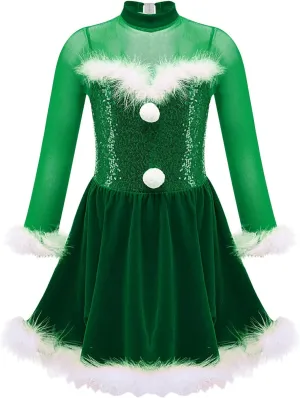 Kids Girls Christmas Dance Dress Mrs Santa Claus Costume Xmas Long Sleeve Ballet Tutu Figure Ice Skating Dress